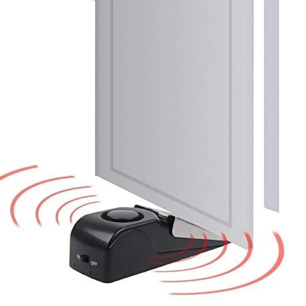 Electronic burglar alarm wedge door stop with ABS housing and 150dB siren on white background