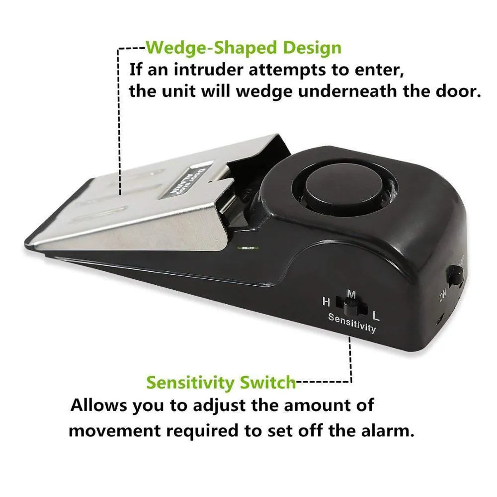 Electronic burglar alarm wedge door stop with ABS housing and 150dB siren on white background