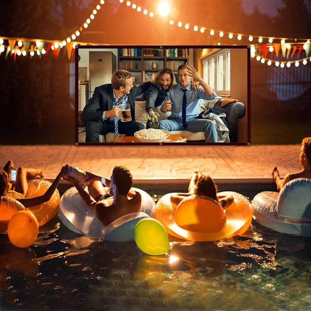 White 150-inch diagonal folding frame projector screen with a simple soft polyester surface.