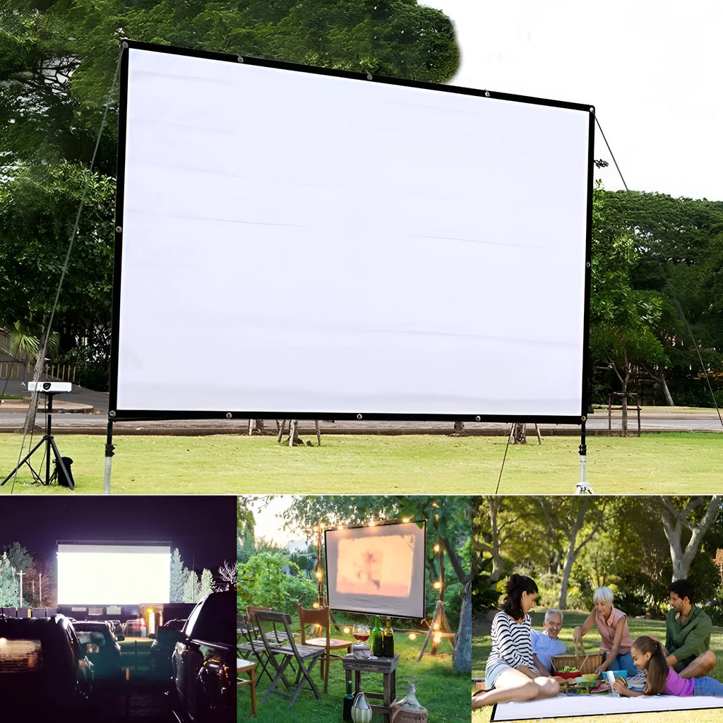 White 150-inch diagonal folding frame projector screen with a simple soft polyester surface.