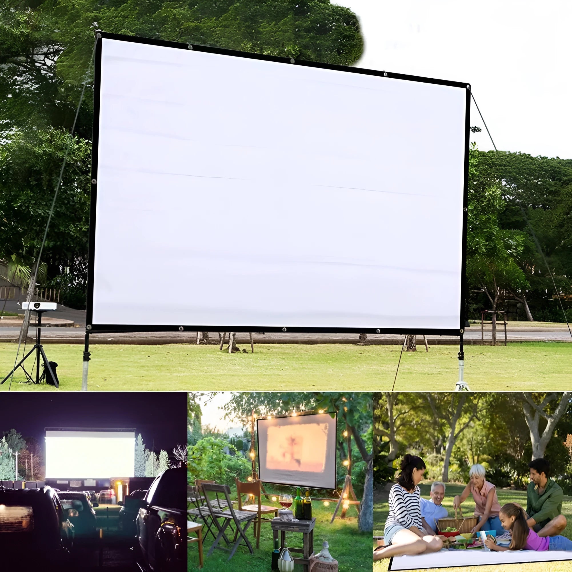 White 150-inch diagonal folding frame projector screen with a simple soft polyester surface.