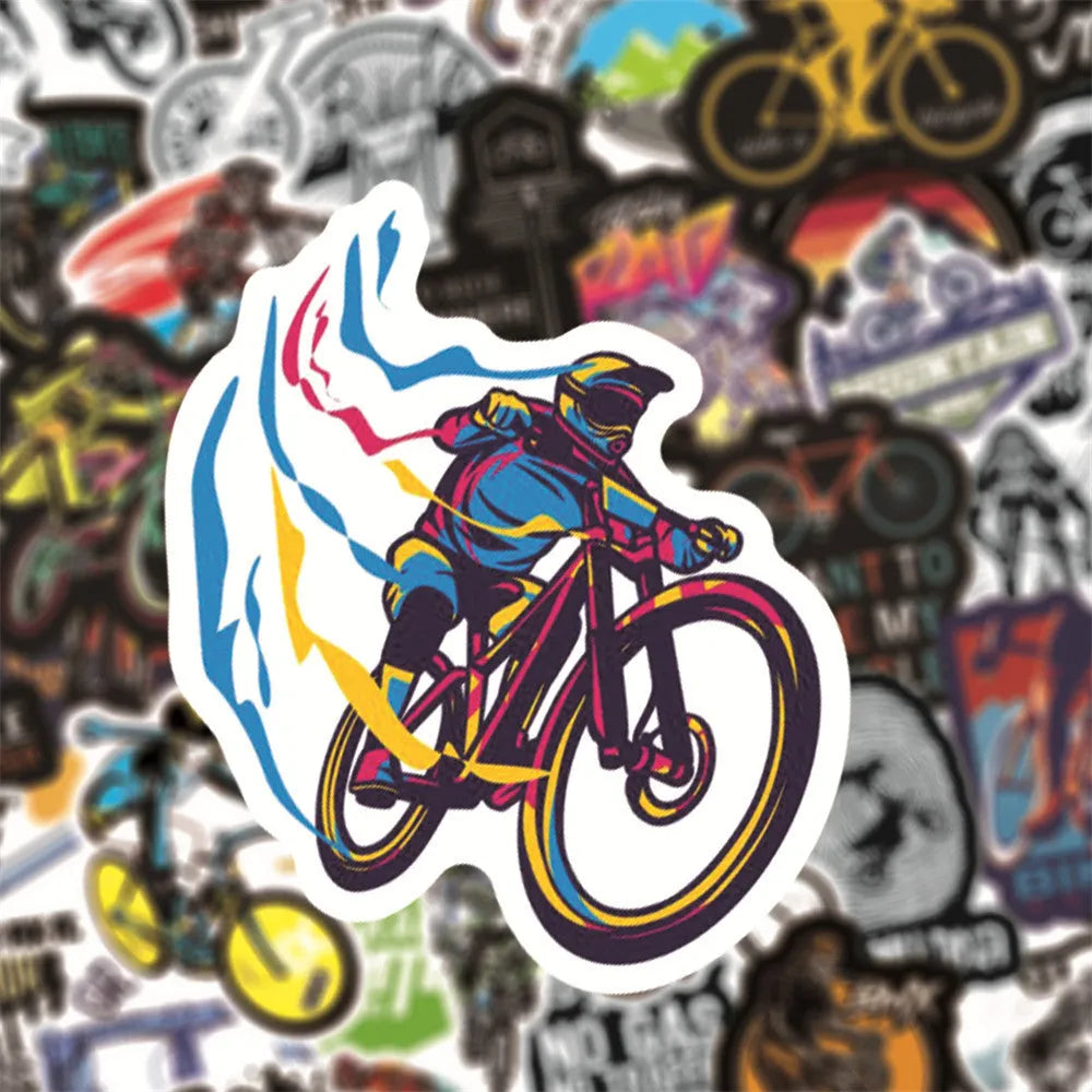 Pack of 50 bicycle and mountain bike doodle stickers with self-adhesive backing.