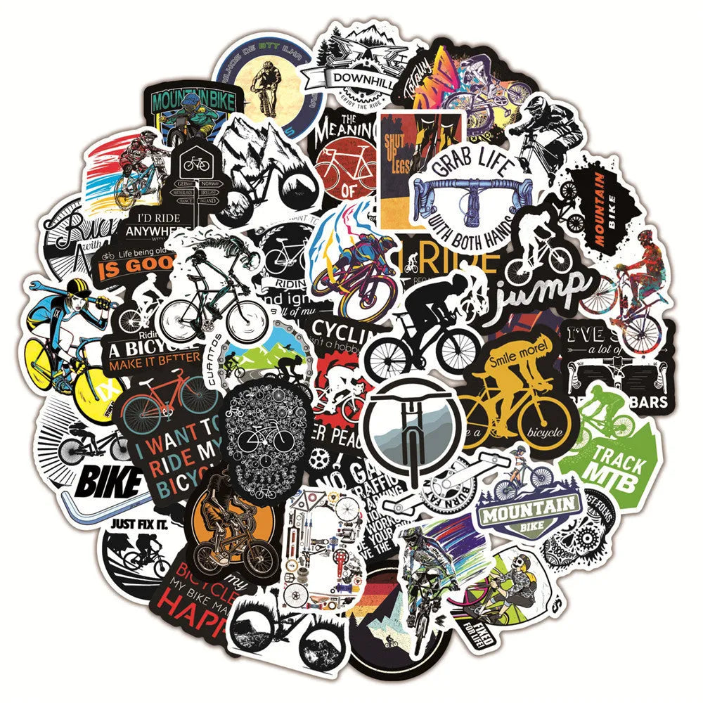 Pack of 50 bicycle and mountain bike doodle stickers with self-adhesive backing.