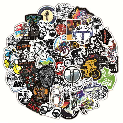 Pack of 50 bicycle and mountain bike doodle stickers with self-adhesive backing.