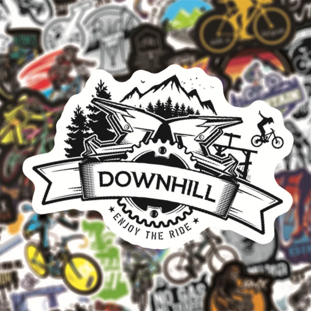 Pack of 50 bicycle and mountain bike doodle stickers with self-adhesive backing.