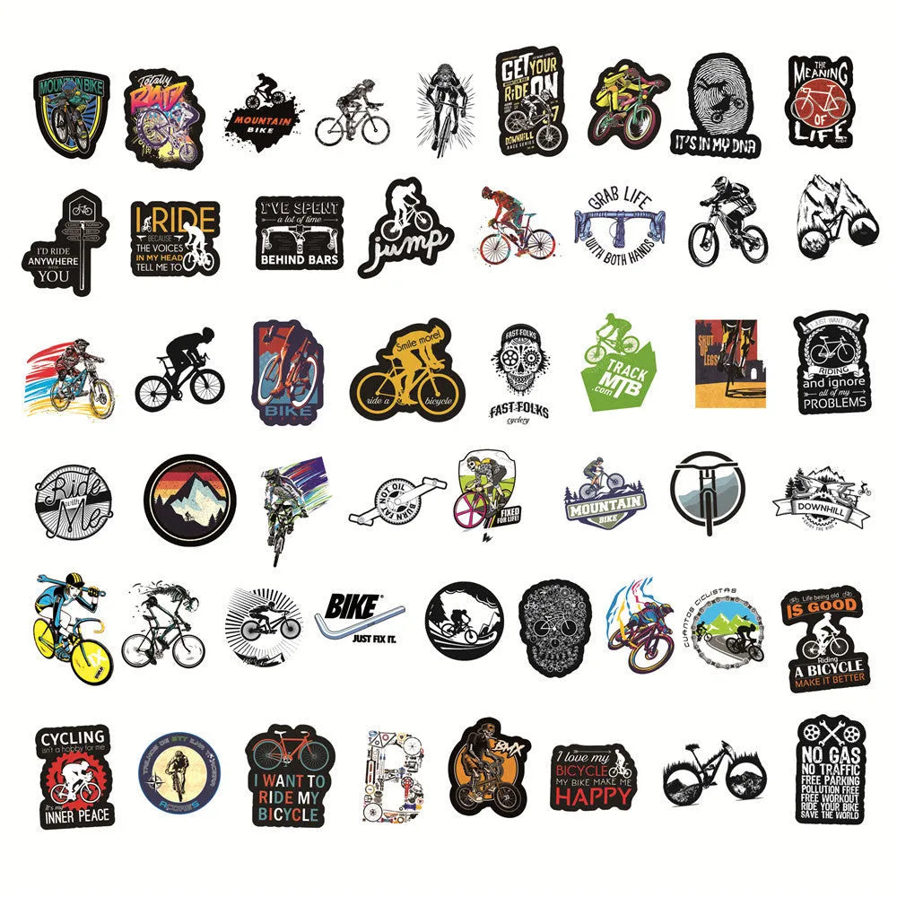 Pack of 50 bicycle and mountain bike doodle stickers with self-adhesive backing.