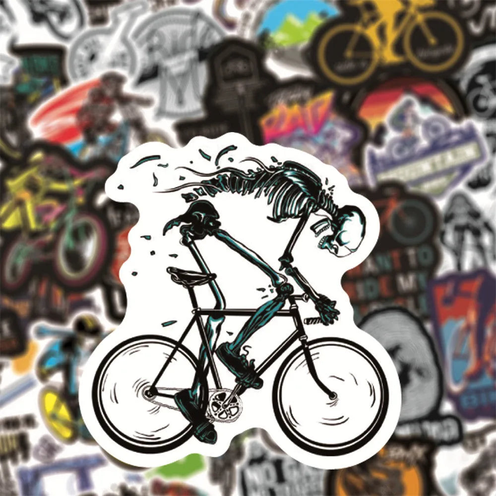Pack of 50 bicycle and mountain bike doodle stickers with self-adhesive backing.