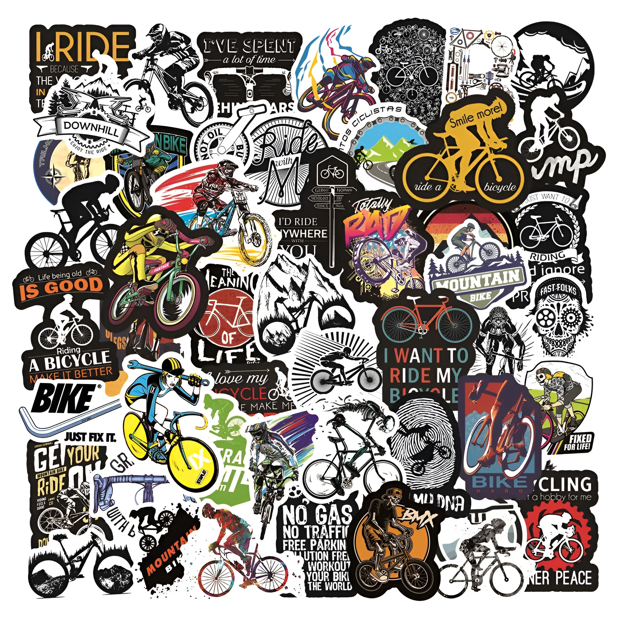 Pack of 50 bicycle and mountain bike doodle stickers with self-adhesive backing.