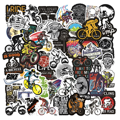 Pack of 50 bicycle and mountain bike doodle stickers with self-adhesive backing.
