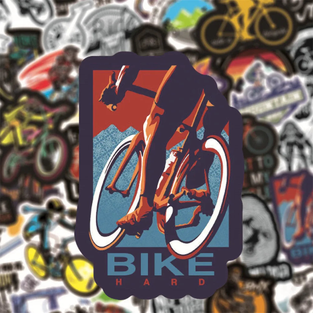 Pack of 50 bicycle and mountain bike doodle stickers with self-adhesive backing.