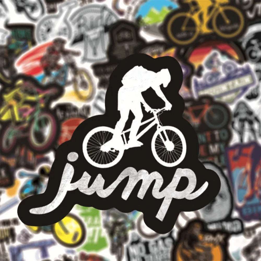 Pack of 50 bicycle and mountain bike doodle stickers with self-adhesive backing.