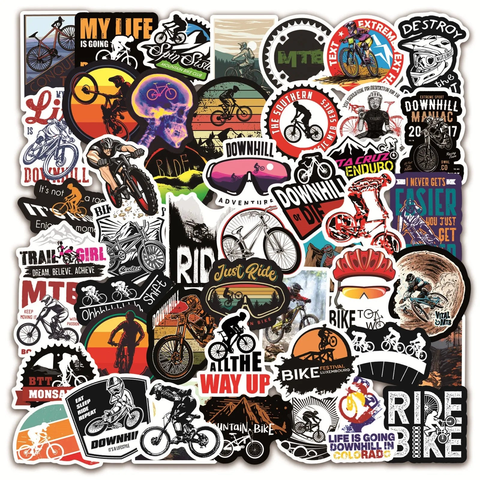 Pack of 50 bicycle and mountain bike doodle stickers with self-adhesive backing.