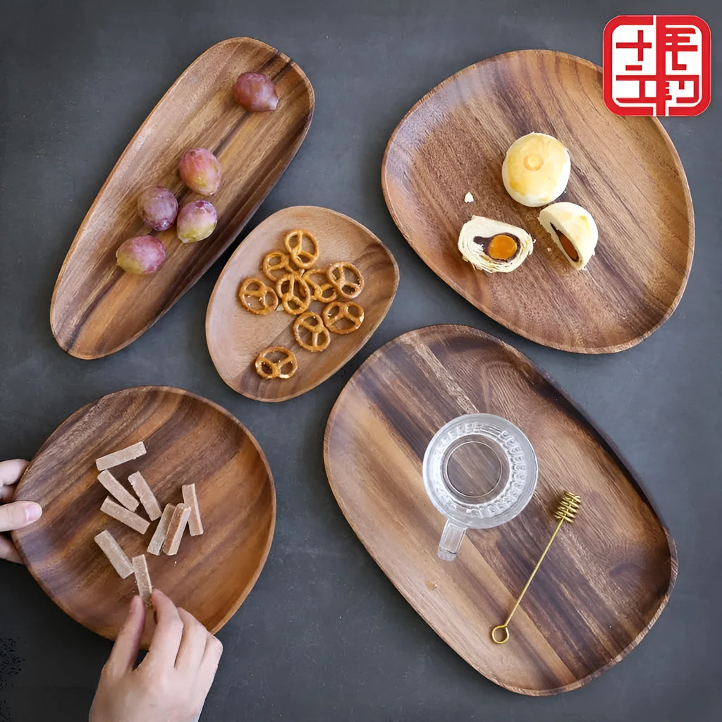 Natural acacia wood Japanese snack plate with visible wood grain patterns and hand polished surface