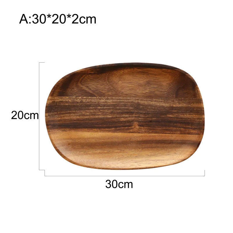 Natural acacia wood Japanese snack plate with visible wood grain patterns and hand polished surface