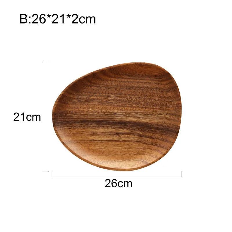 Natural acacia wood Japanese snack plate with visible wood grain patterns and hand polished surface