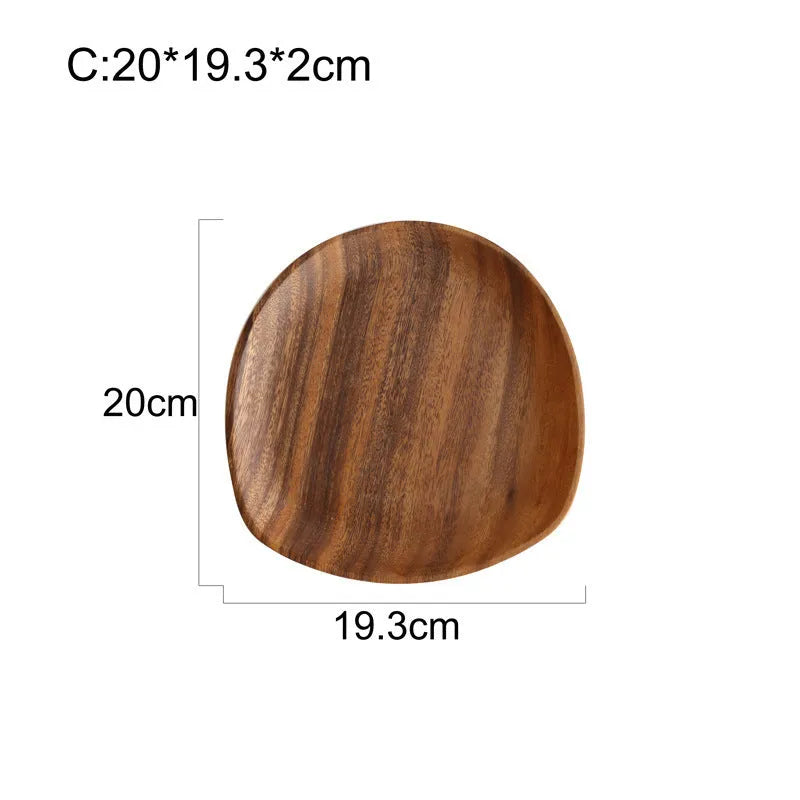 Natural acacia wood Japanese snack plate with visible wood grain patterns and hand polished surface