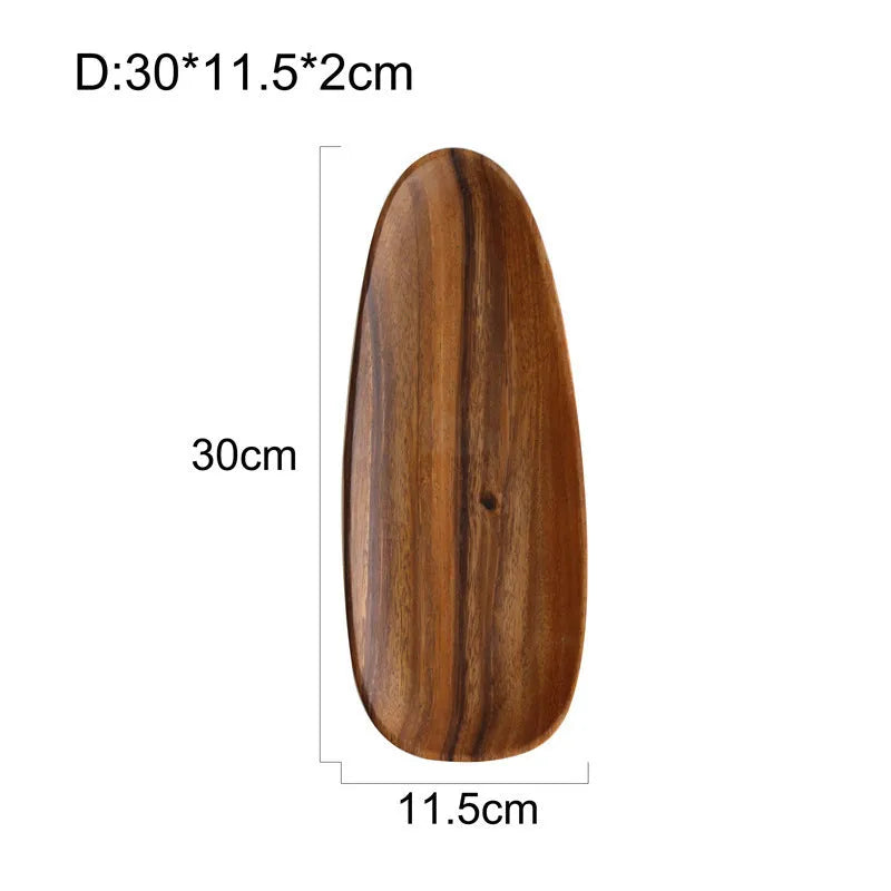 Natural acacia wood Japanese snack plate with visible wood grain patterns and hand polished surface