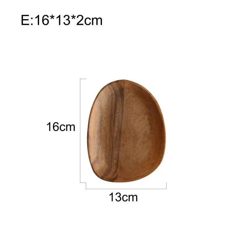 Natural acacia wood Japanese snack plate with visible wood grain patterns and hand polished surface