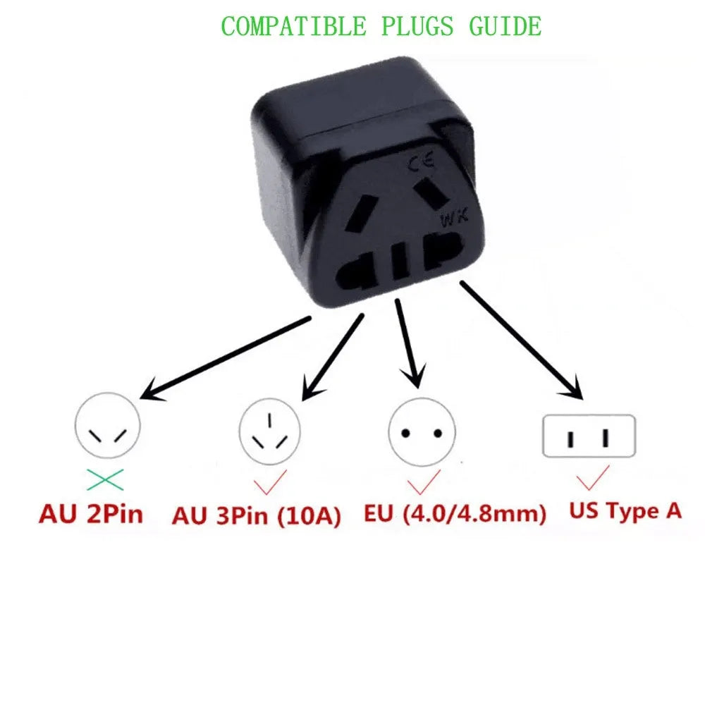 White square universal travel adapter with UK three-pin plug and five international output sockets.