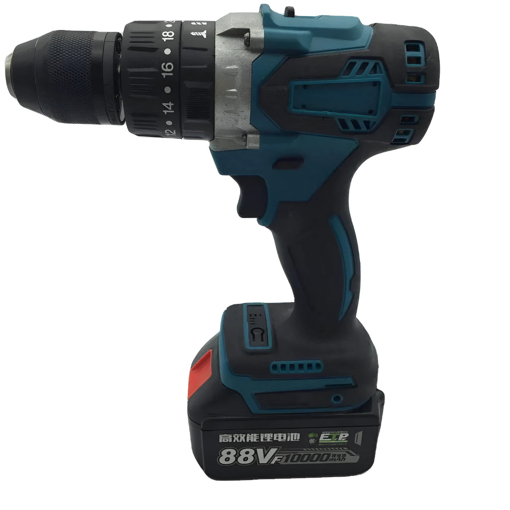 Cordless 21V electric impact drill with 13mm chuck and lithium battery pack