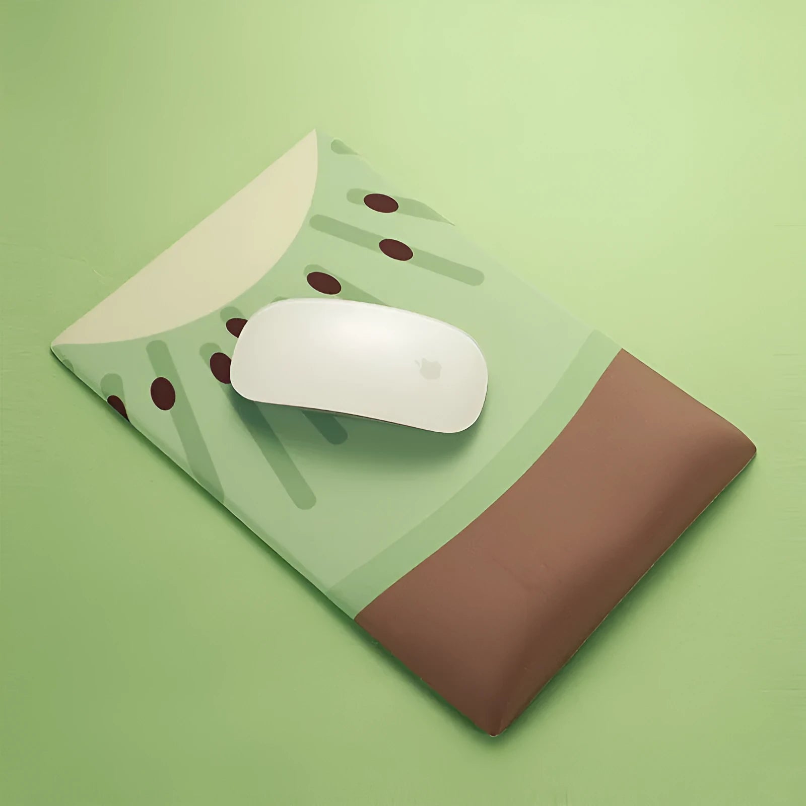 Green kiwi-shaped mouse pad with integrated wrist support and printed calculator numbers on cloth surface.