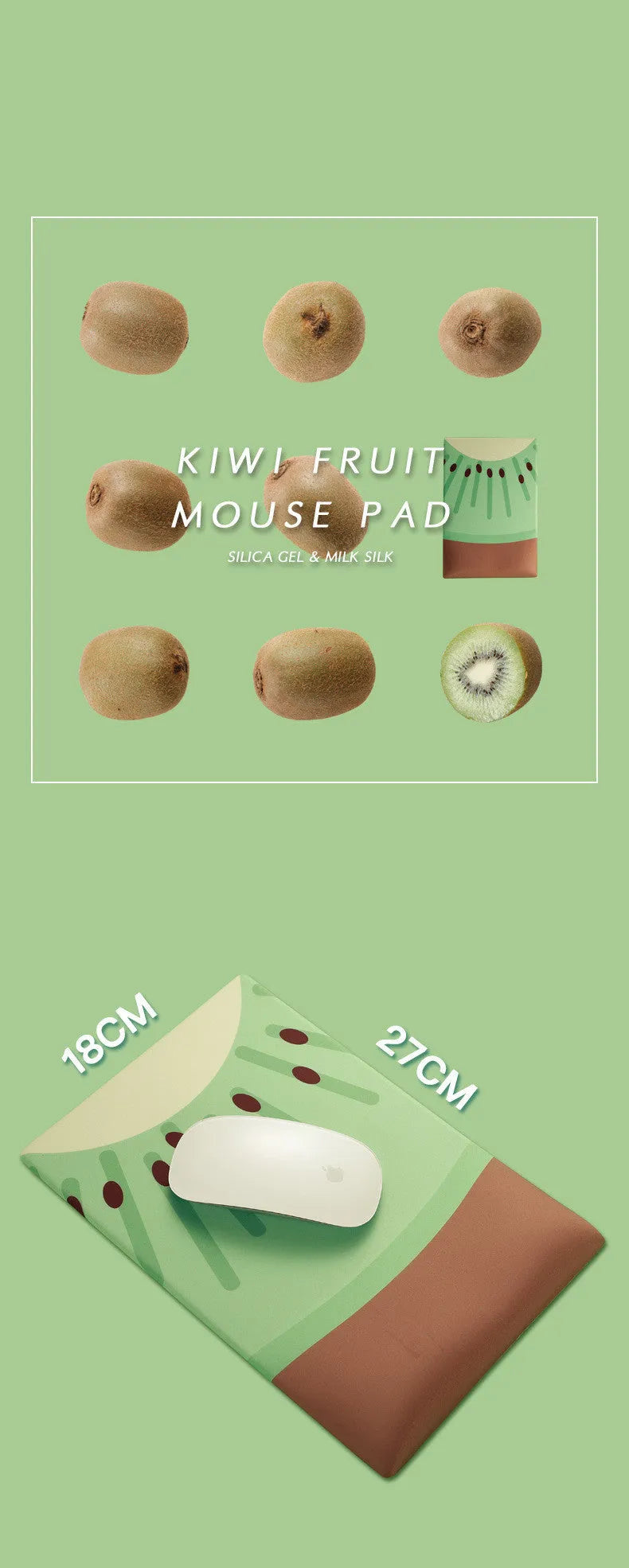 Green kiwi-shaped mouse pad with integrated wrist support and printed calculator numbers on cloth surface.