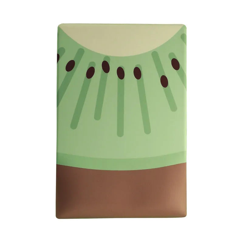 Green kiwi-shaped mouse pad with integrated wrist support and printed calculator numbers on cloth surface.