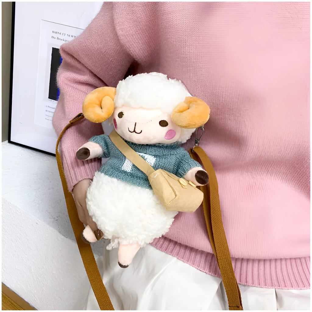 Little Sheep women's plush crossbody bag in blue with lamb pattern and square shape