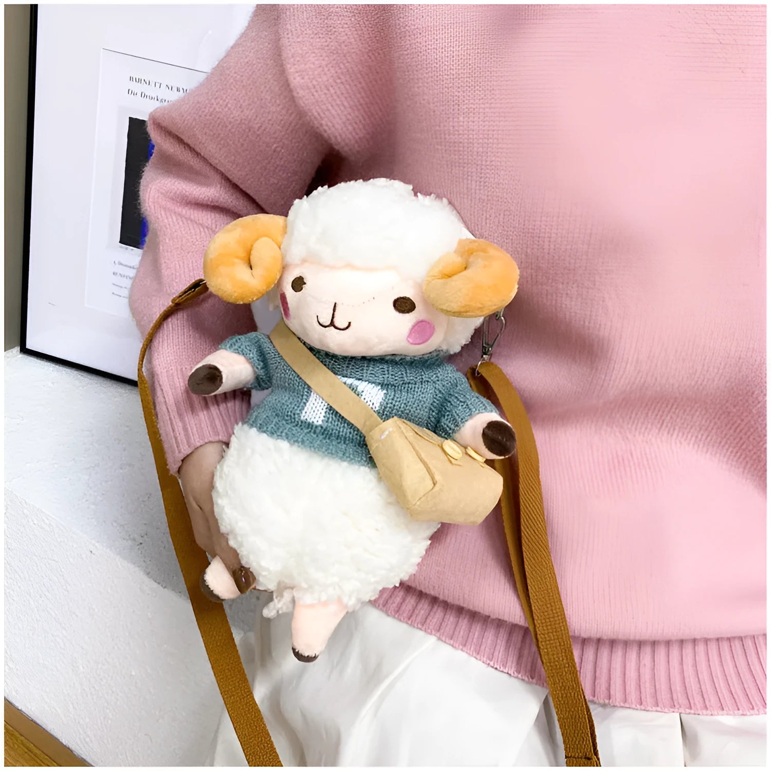 Little Sheep women's plush crossbody bag in blue with lamb pattern and square shape