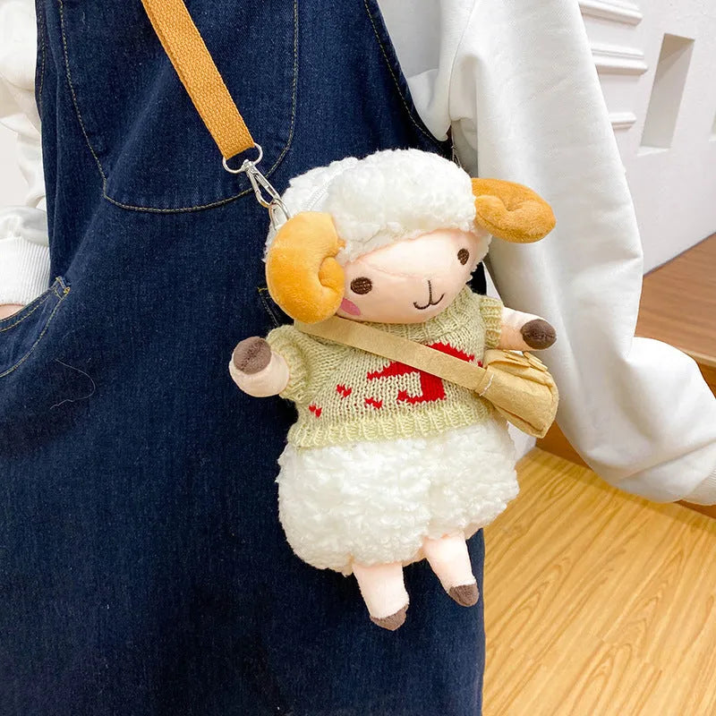 Little Sheep women's plush crossbody bag in blue with lamb pattern and square shape