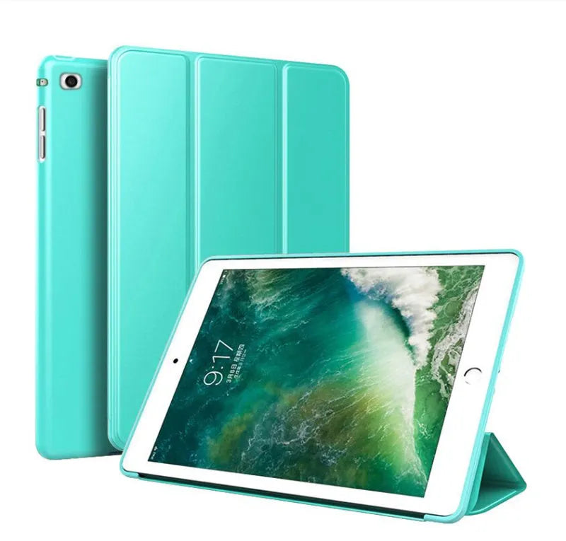 Black TPU clamshell iPad case with built-in stand open, showing tablet compatibility for 9.7-inch models.