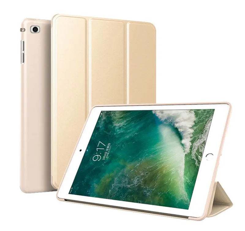 Black TPU clamshell iPad case with built-in stand open, showing tablet compatibility for 9.7-inch models.