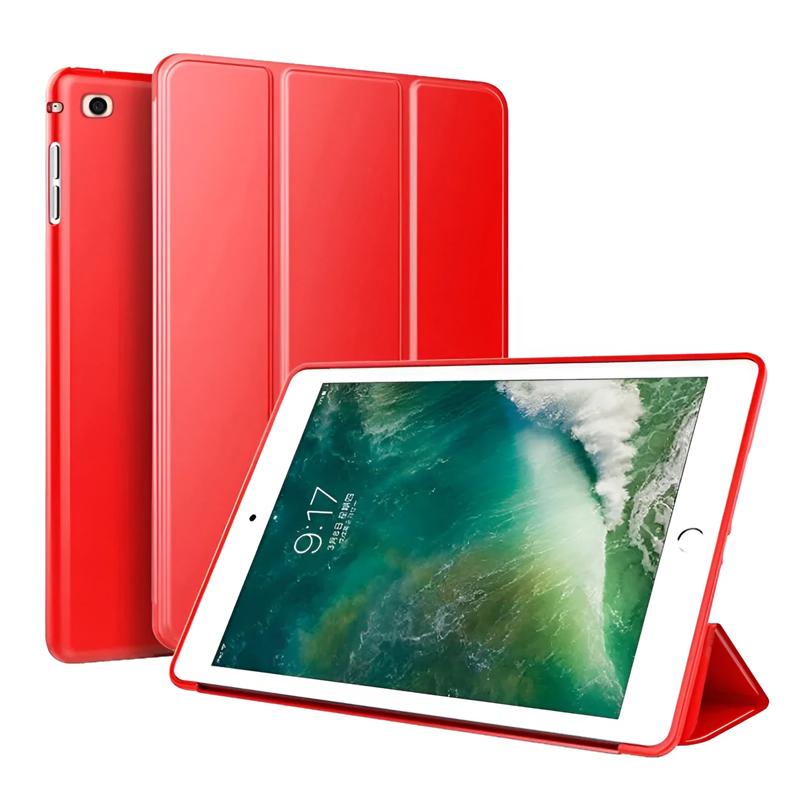 Black TPU clamshell iPad case with built-in stand open, showing tablet compatibility for 9.7-inch models.