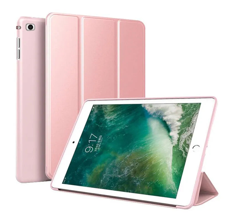 Black TPU clamshell iPad case with built-in stand open, showing tablet compatibility for 9.7-inch models.