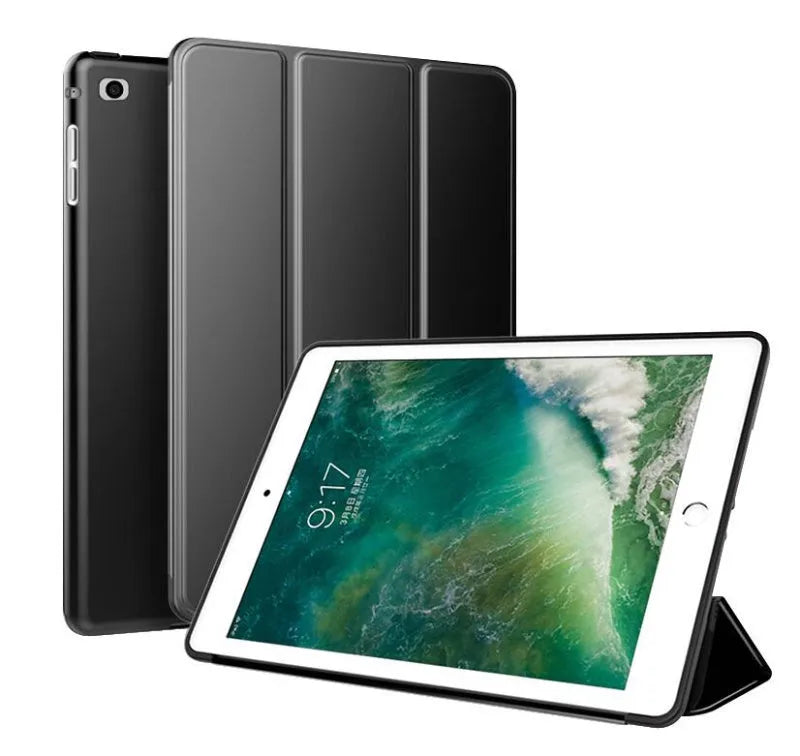 Black TPU clamshell iPad case with built-in stand open, showing tablet compatibility for 9.7-inch models.