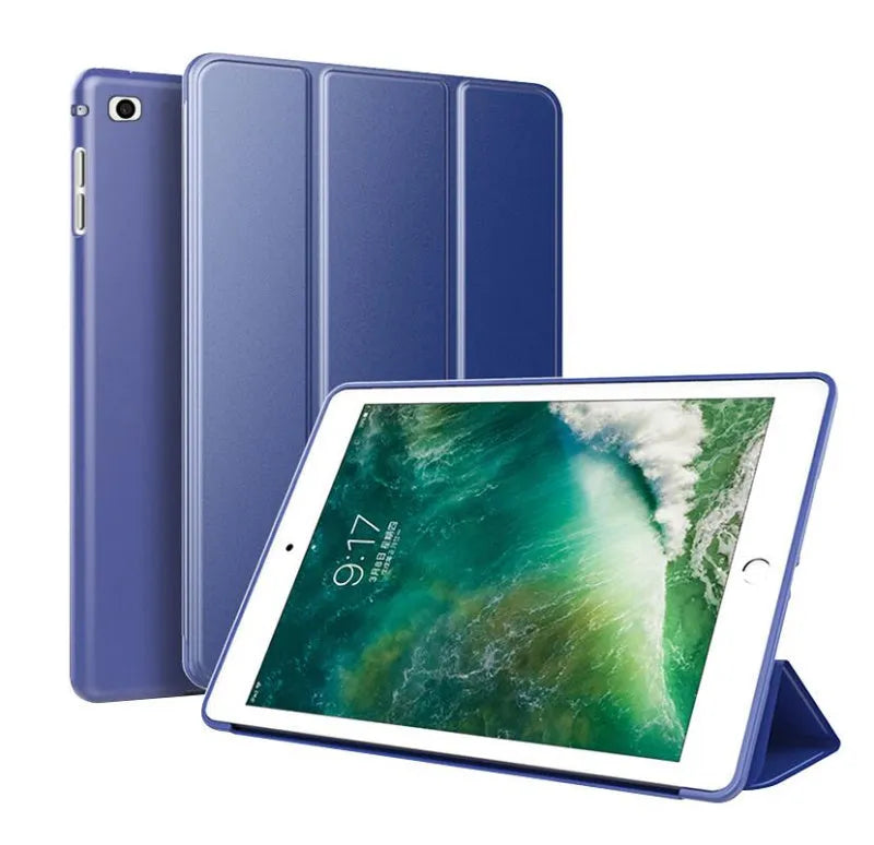 Black TPU clamshell iPad case with built-in stand open, showing tablet compatibility for 9.7-inch models.