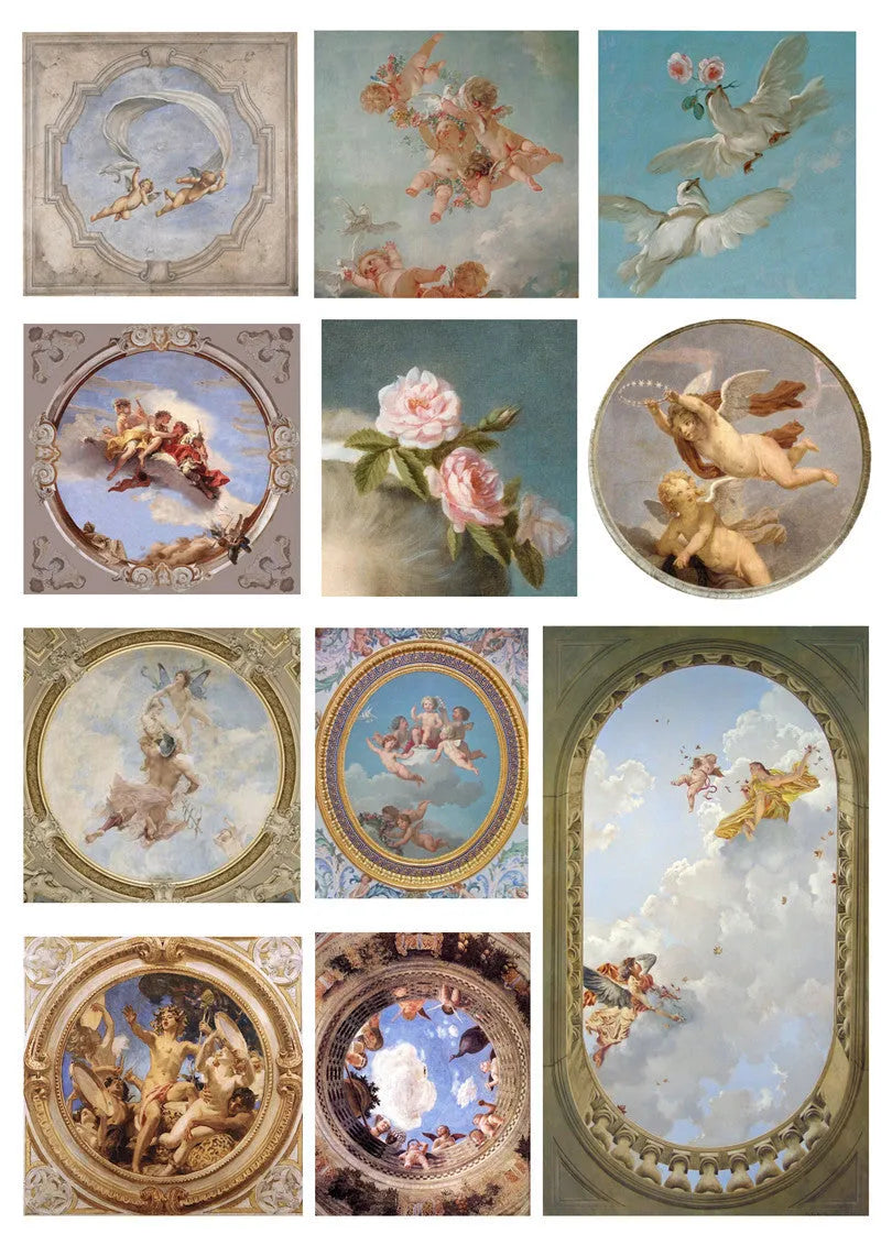 Pack of 11 European angel mural character stickers ranging from 4 to 9 cm in size.