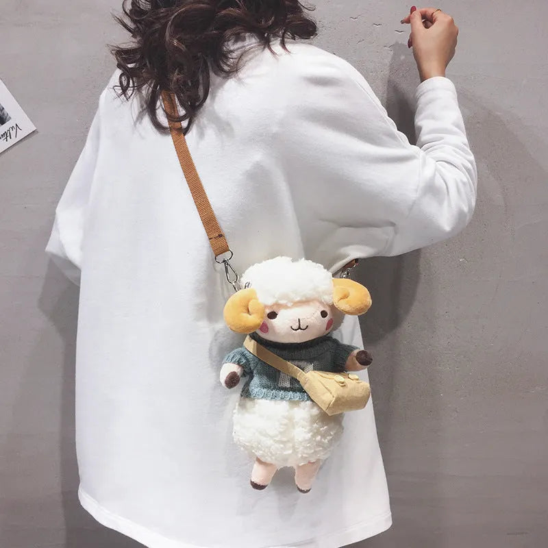 Little Sheep women's plush crossbody bag in blue with lamb pattern and square shape