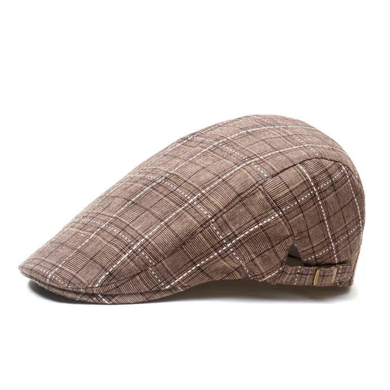 Cotton peaked cap with grid pattern, short brim, and tapered top in navy blue