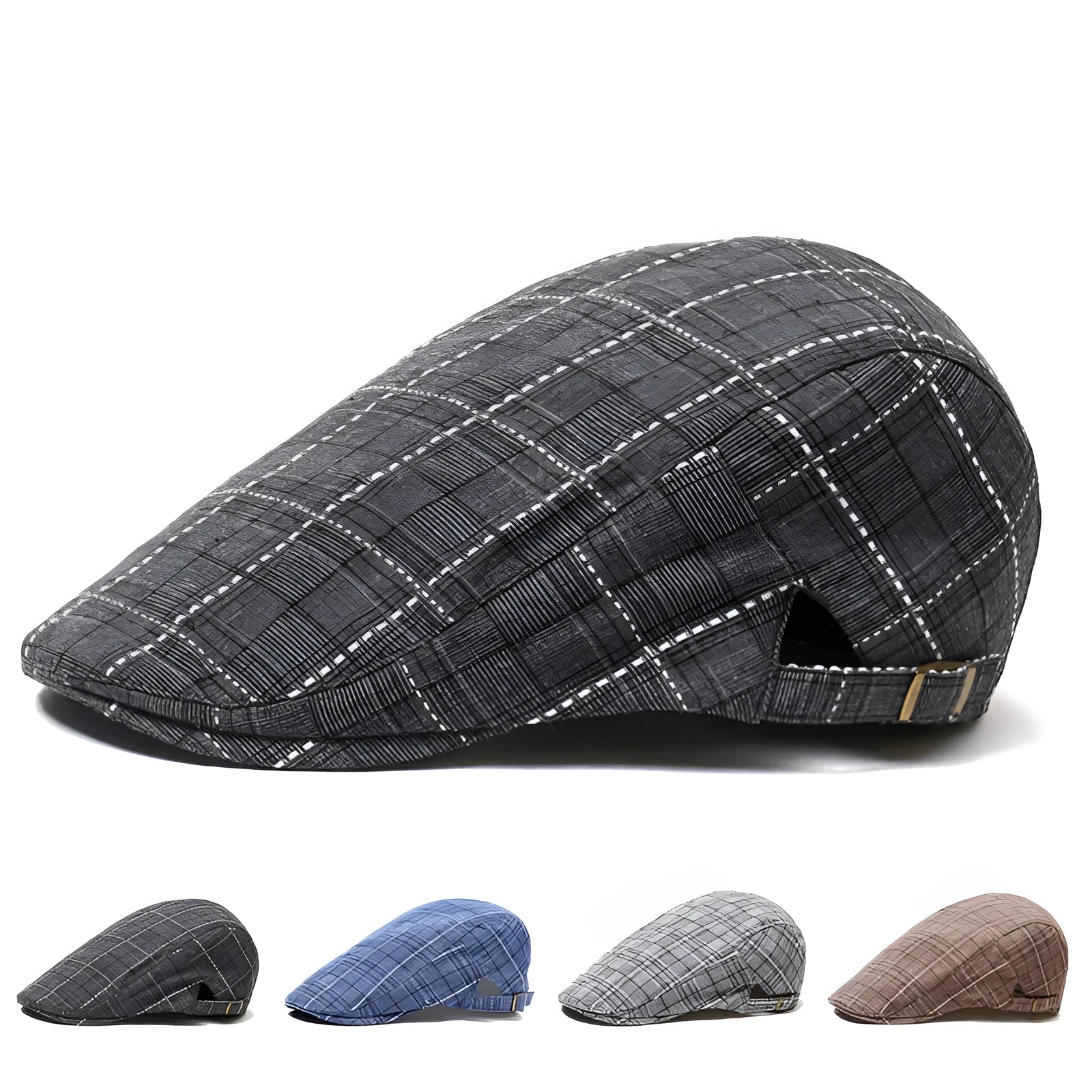 Cotton peaked cap with grid pattern, short brim, and tapered top in navy blue