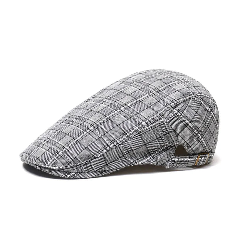 Cotton peaked cap with grid pattern, short brim, and tapered top in navy blue