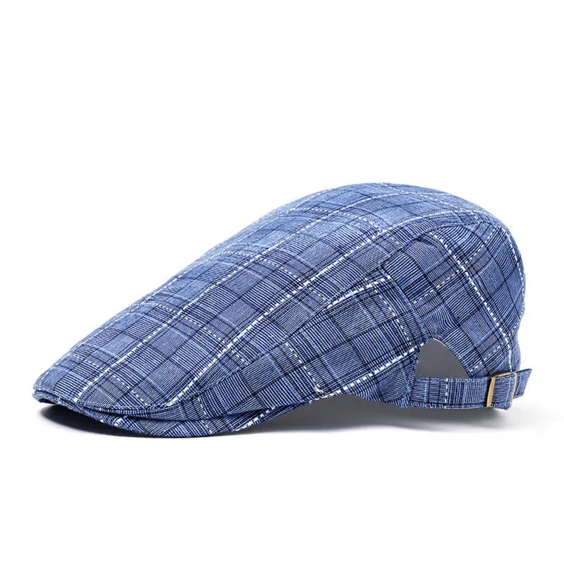 Cotton peaked cap with grid pattern, short brim, and tapered top in navy blue