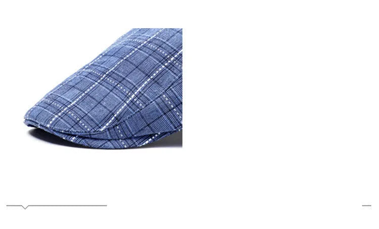 Cotton peaked cap with grid pattern, short brim, and tapered top in navy blue