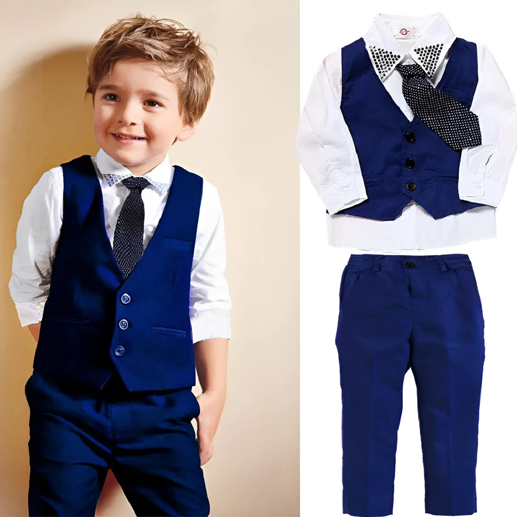 Blue boys' suit clothing set comprising a turtleneck, a vest, a tie, and trousers on a hanger.