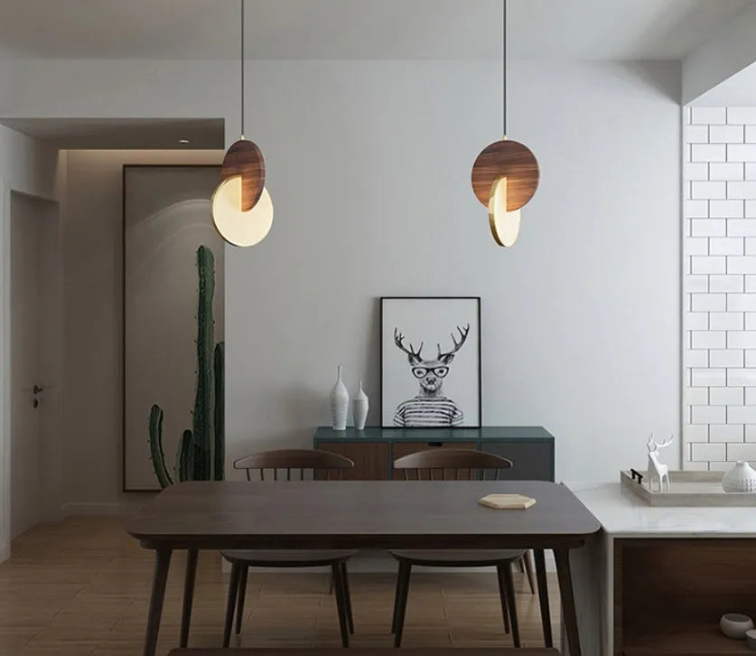 Long-line walnut wood wall chandelier with warm white light for bedroom or study