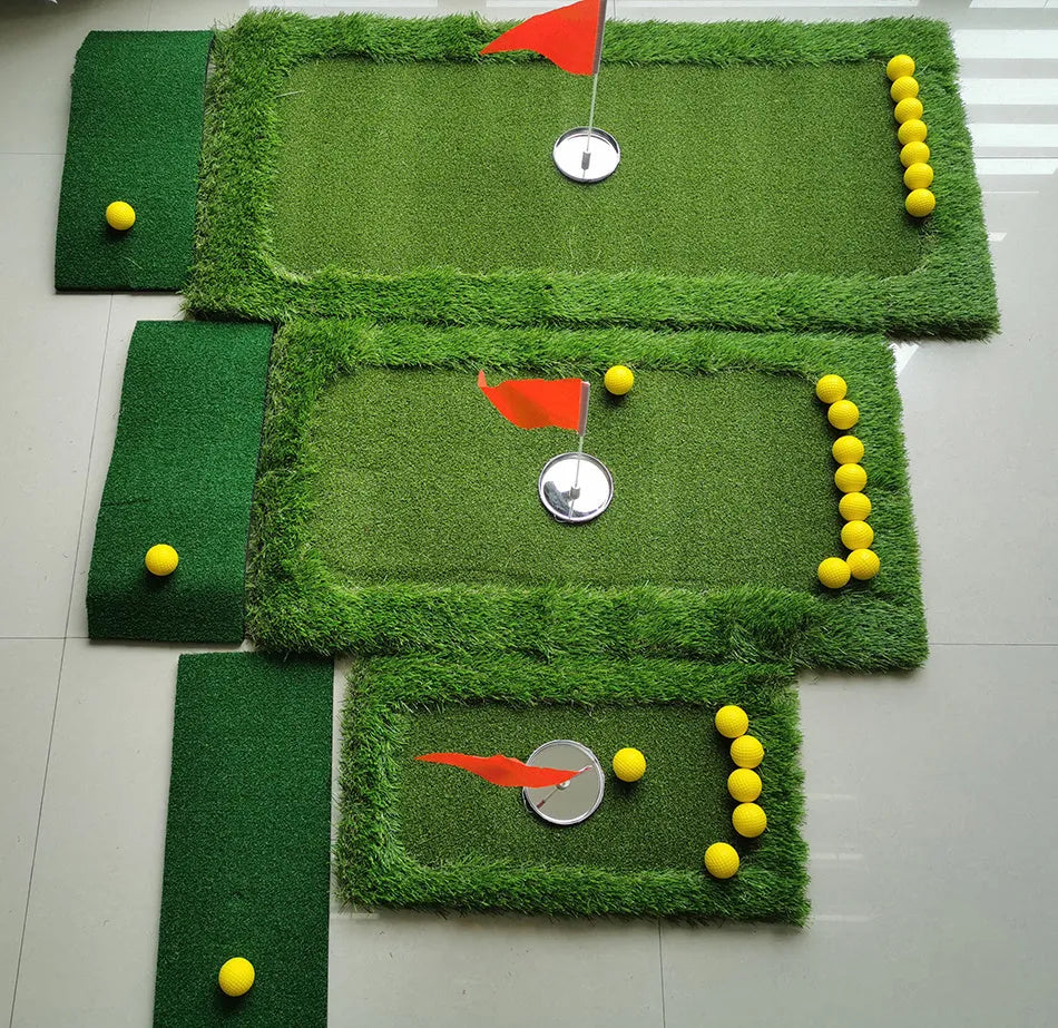Green artificial turf golf training mat on a high elastic EVA base, shown in a customisable size.