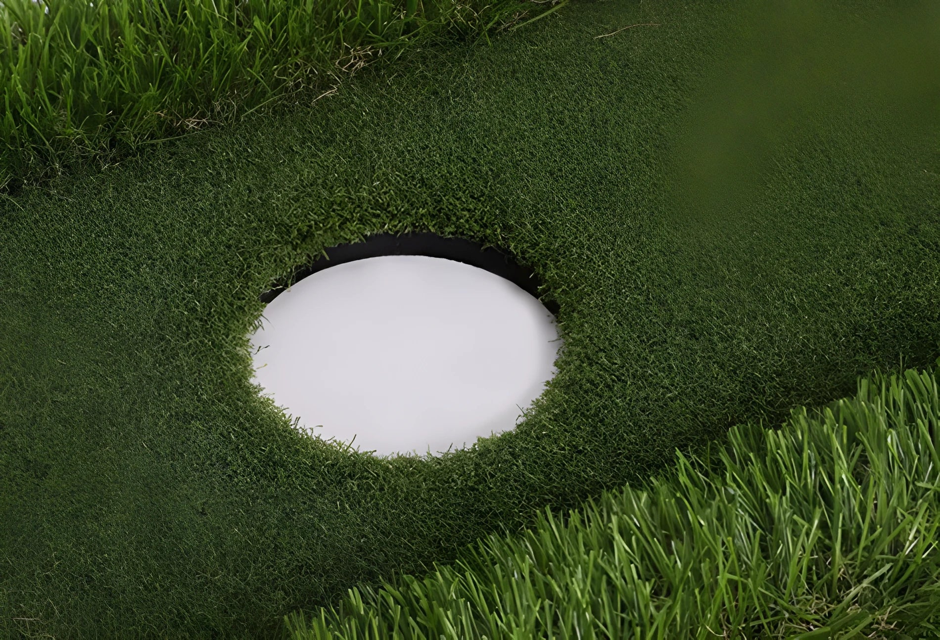 Green artificial turf golf training mat on a high elastic EVA base, shown in a customisable size.