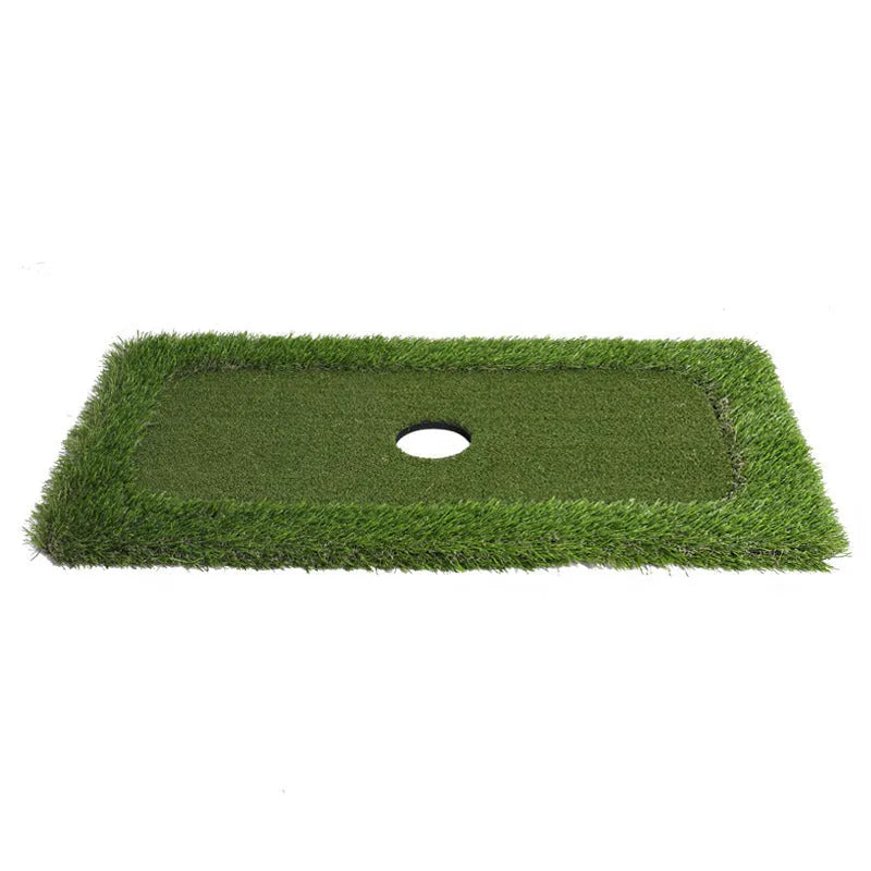 Green artificial turf golf training mat on a high elastic EVA base, shown in a customisable size.