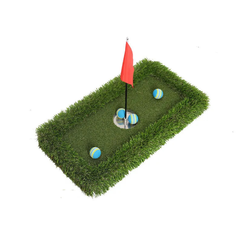 Green artificial turf golf training mat on a high elastic EVA base, shown in a customisable size.