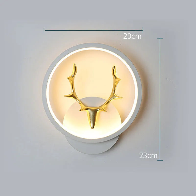 Nordic-style deer head wall lamp with antler design and remote control for dimmable lighting.